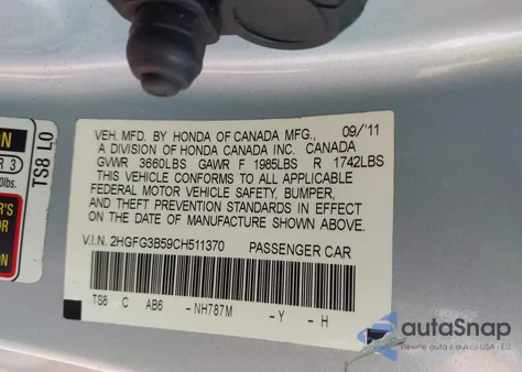 2012 Honda Civic Lx z USA, uszkodzony, nr VIN 2HGFG3B59CH511370